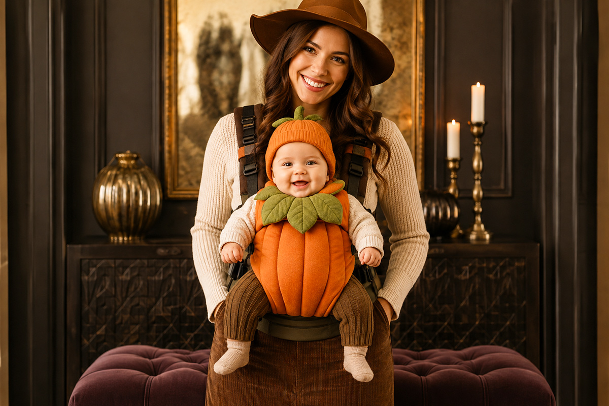 Parent wearing a baby carrier Halloween costume with baby incorporated into the costume theme