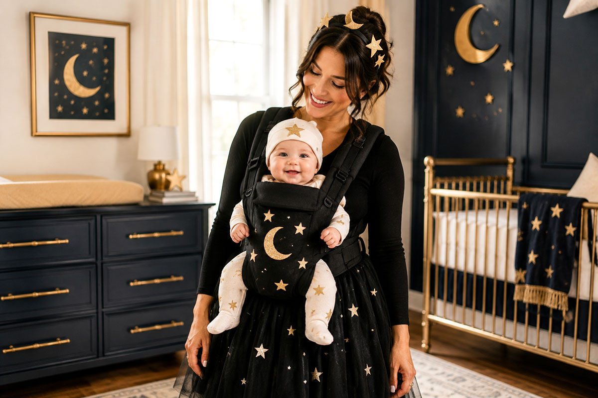Mother wearing a baby carrier with her baby in a simple gray outfit for a moon and night sky Halloween costume while mom wears deep navy with star-inspired details