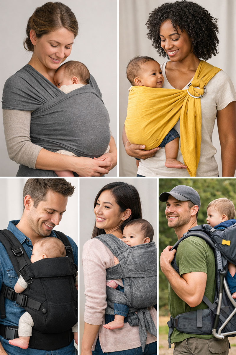 Overview of common baby carrier styles including wraps, slings, and structured carriers