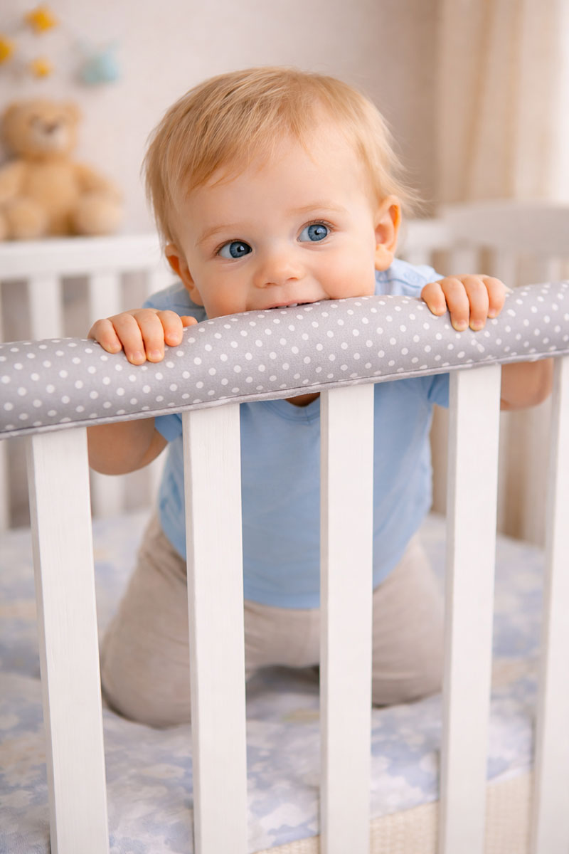 Baby standing and gently chewing the top crib rail during a teething phase