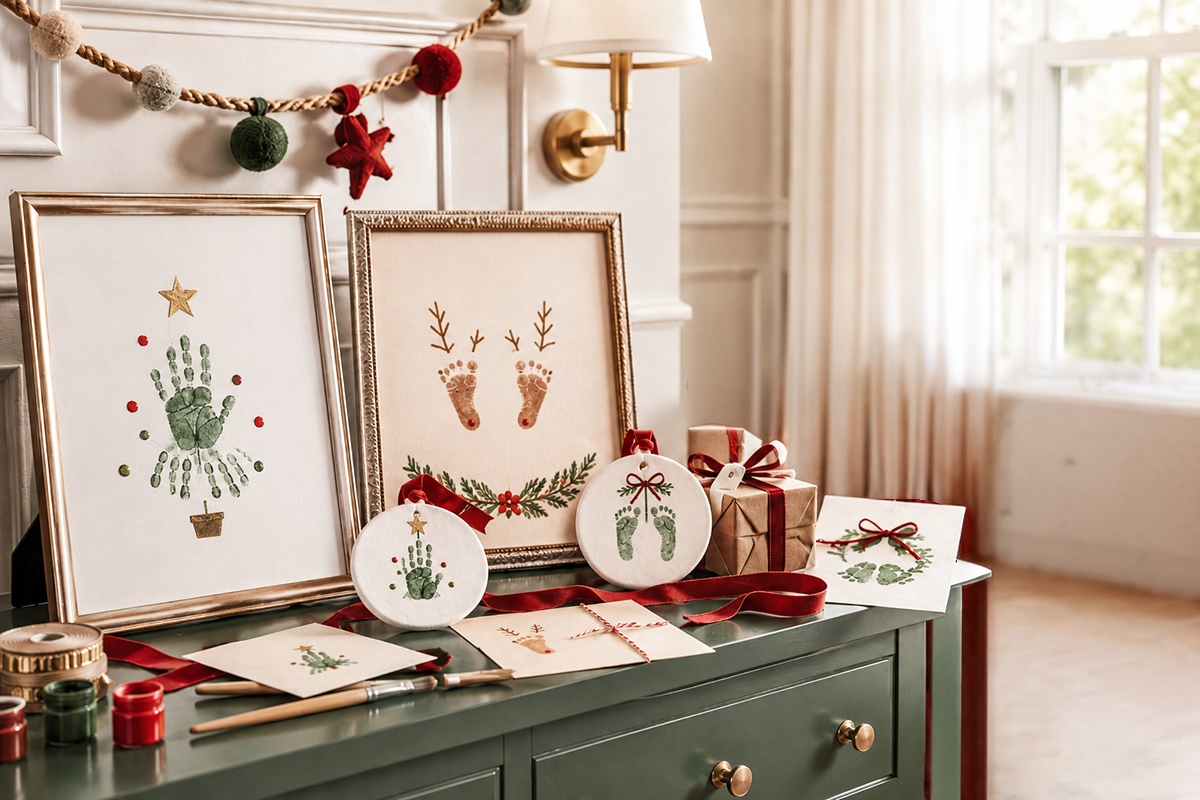 Baby Christmas crafts including handprint and footprint keepsakes ornaments framed art and handmade holiday gifts