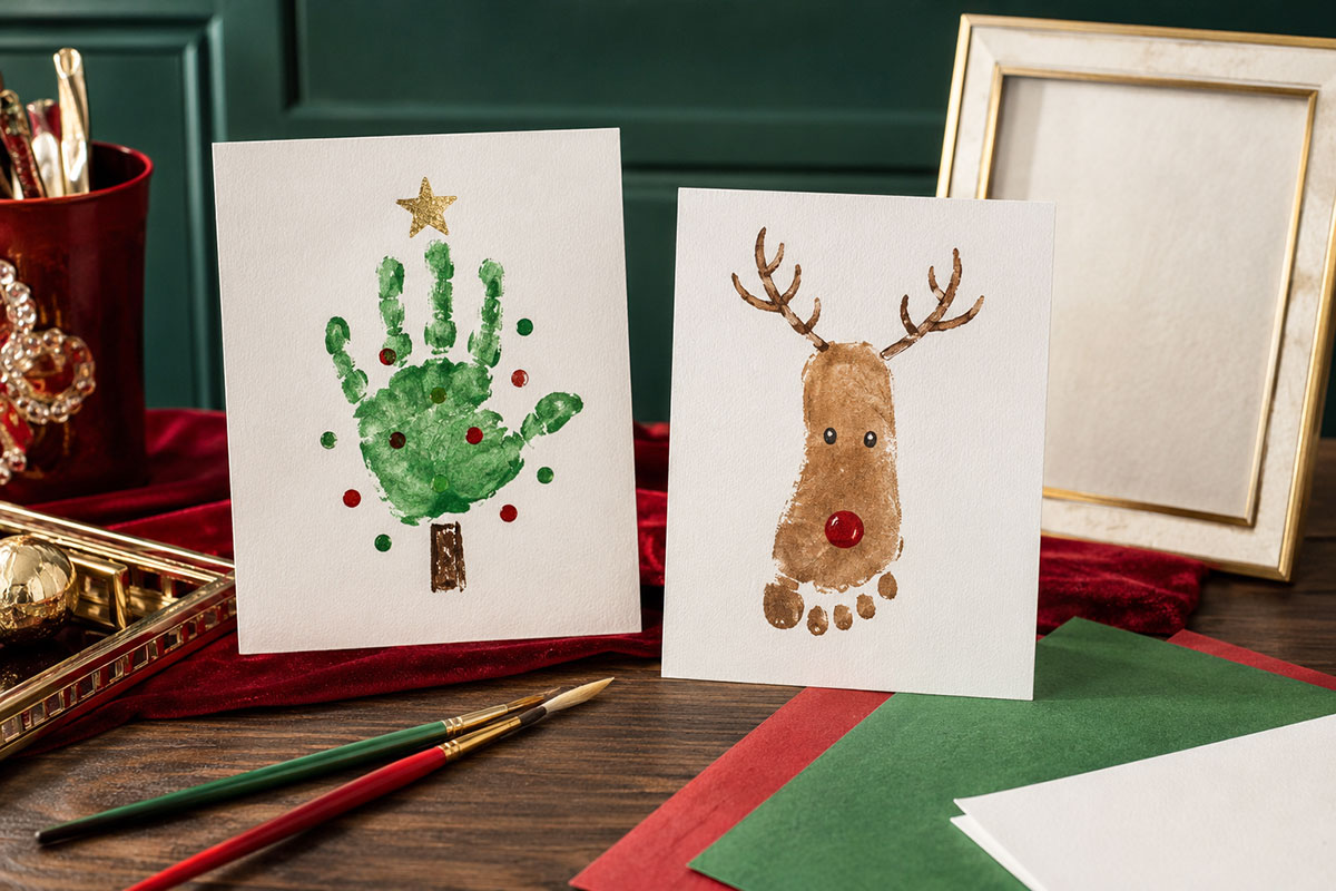 Finished baby Christmas handprint tree and footprint reindeer keepsakes arranged with cardstock paintbrushes and a simple frame