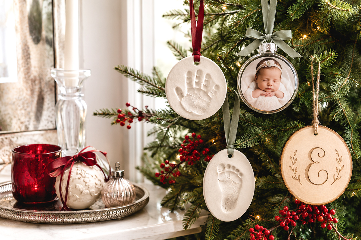Handmade baby Christmas ornaments including handprint, footprint, photo and personalized keepsake ornaments on a Christmas tree