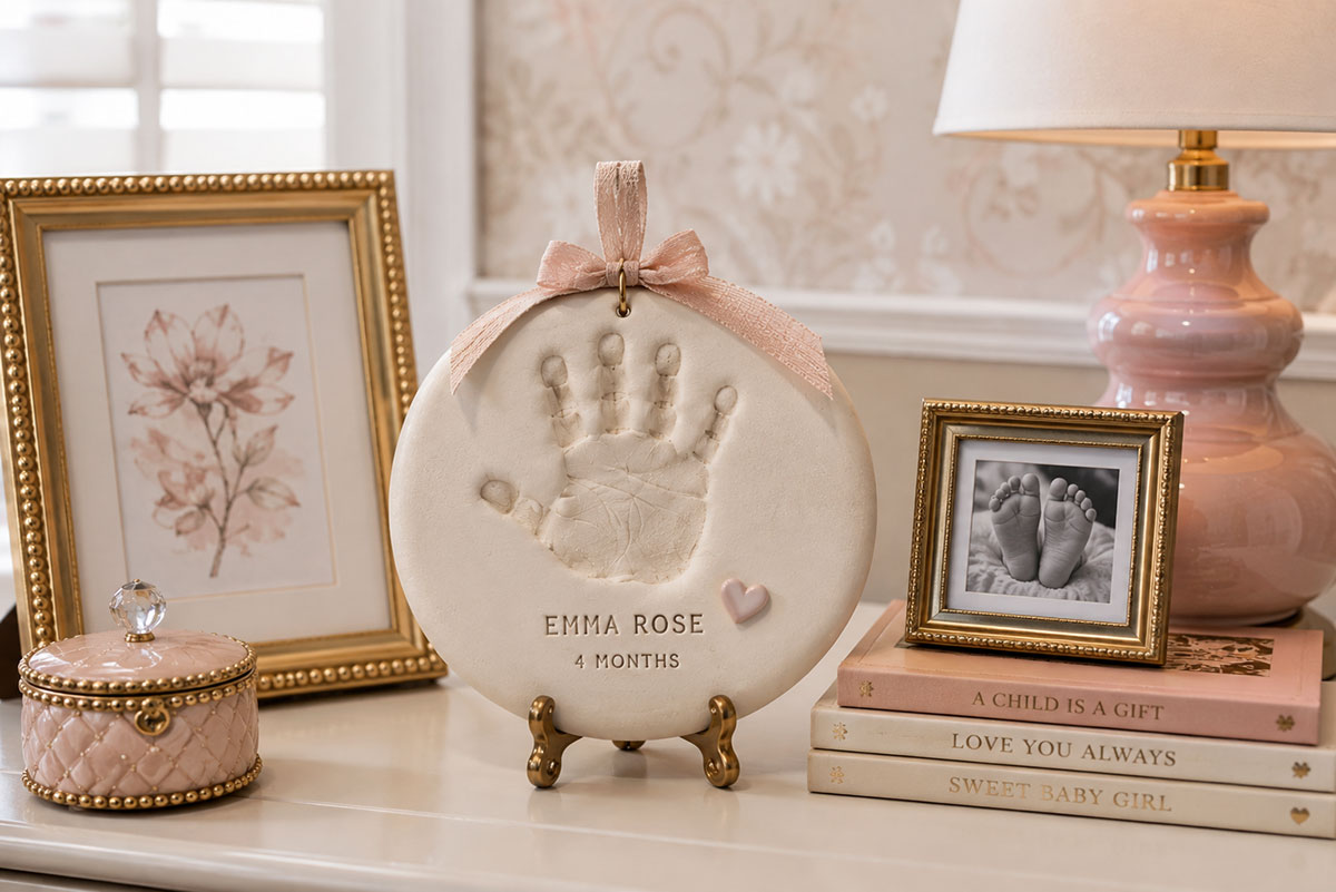 Air-dry clay baby handprint keepsake displayed on a nursery shelf beside a simple frame