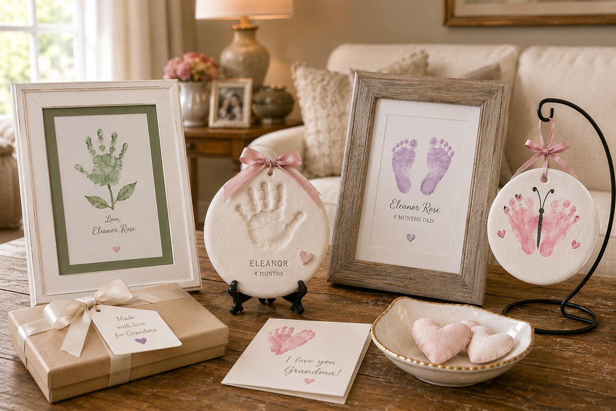 Framed baby handprint and footprint keepsakes wrapped as thoughtful gifts for parents and grandparents