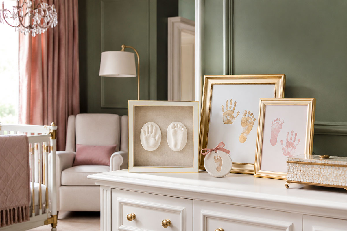 Elegant baby handprint, footprint and clay keepsakes displayed as nursery art