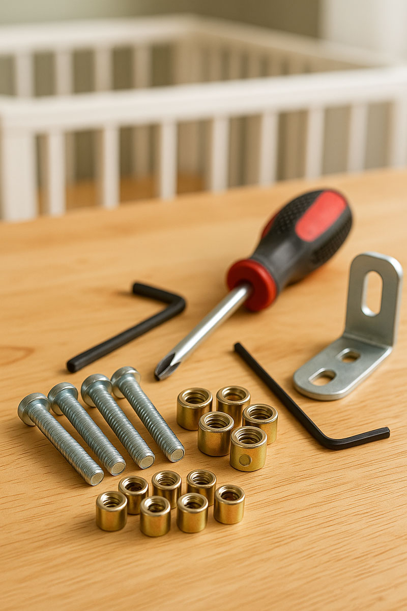 Replacement screws, brackets, and hardware for baby cribs