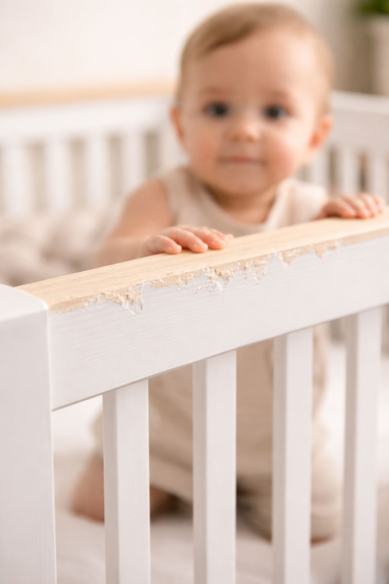 Close-up of crib rail with light wear marks from teething