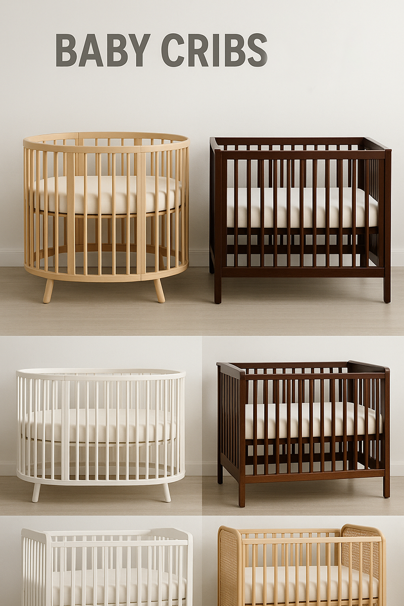 Baby cribs collection featuring modern, classic, and vintage styles in a softly lit nursery