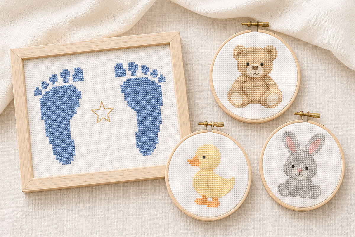 Baby cross stitch pattern collection with blue baby footprints, teddy bear, yellow duck and gray bunny motifs displayed in a frame and embroidery hoops