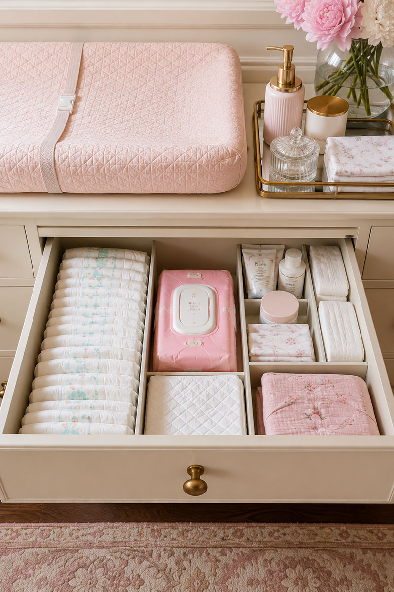 Baby dresser diaper drawer setup with diapers, wipes, folded cloths, and nursery dresser organization