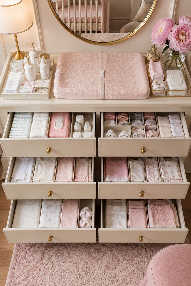 Baby dresser drawer layout with organized folded clothes, drawer dividers, diapers, and nursery storage sections
