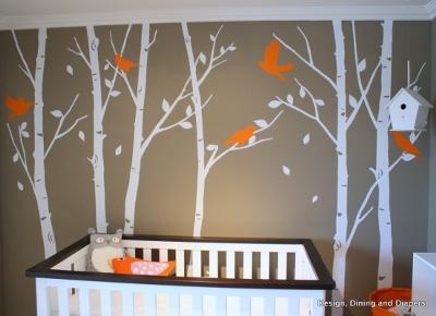 Orange Brown and White Bird-Inspired Nursery with 3D Birdhouse Theme Wall Art