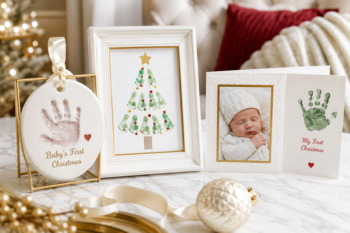 Baby Christmas keepsake gifts with a handprint ornament framed Christmas tree made from baby footprints and handmade baby photo card