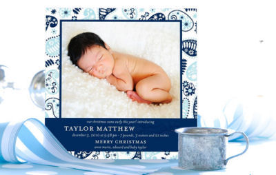 baby boy first 1st christmas holiday baby shower invitation birth announcement personalized blue white and 
