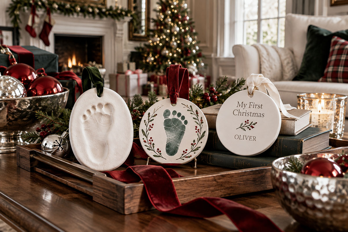 Three finished baby footprint Christmas ornaments showing a clay impression, a painted footprint and a simple first Christmas keepsake