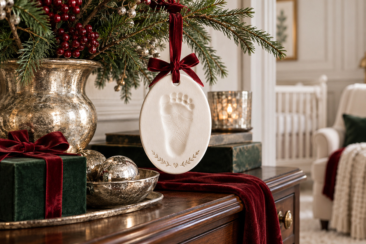 White clay baby footprint Christmas ornament with a footprint impression and burgundy velvet ribbon