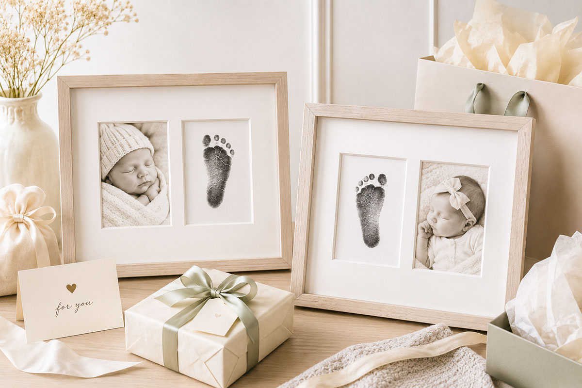 Two elegant baby footprint keepsake frames prepared as family gifts with a small footprint print baby photo and simple gift wrapping nearby