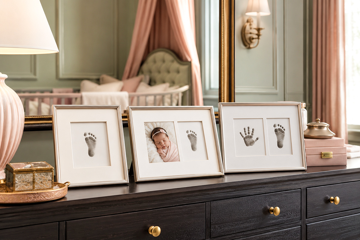 Elegant baby footprint frame ideas including a newborn footprint, footprint with baby photo and coordinated handprint and footprint keepsake