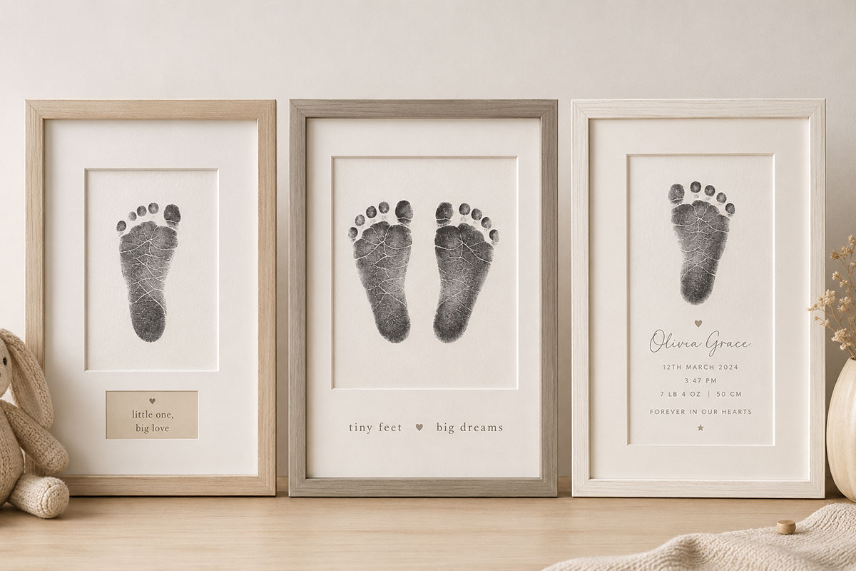 Three refined baby footprint frame layouts showing a single footprint, paired footprints and a footprint with simple birth details in coordinated neutral frames