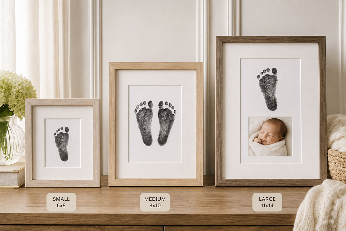 Small medium and larger baby footprint frames shown together with single footprint, paired footprint and footprint with photo layouts