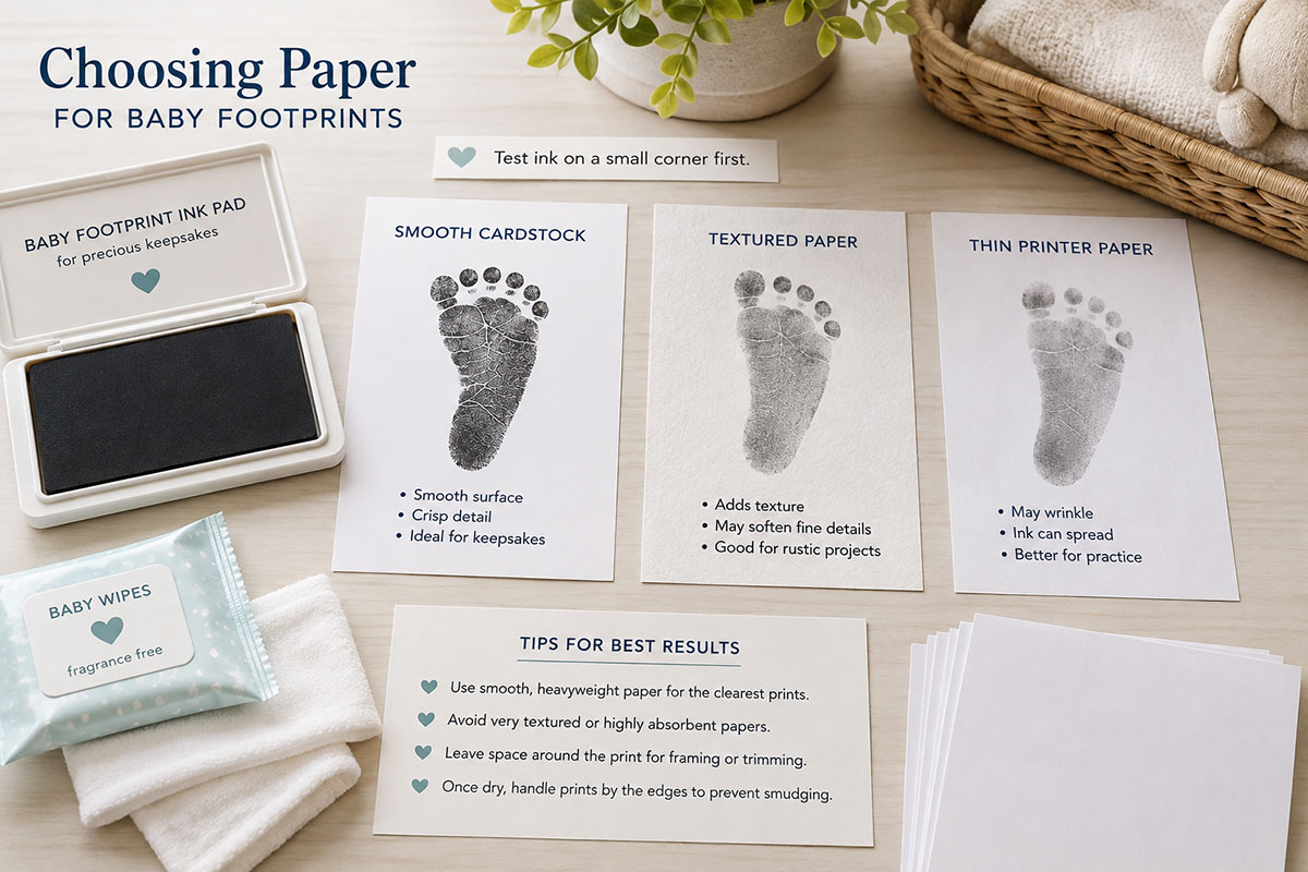Baby footprint ink pad beside smooth white keepsake paper, textured cardstock and cleanup supplies for comparison