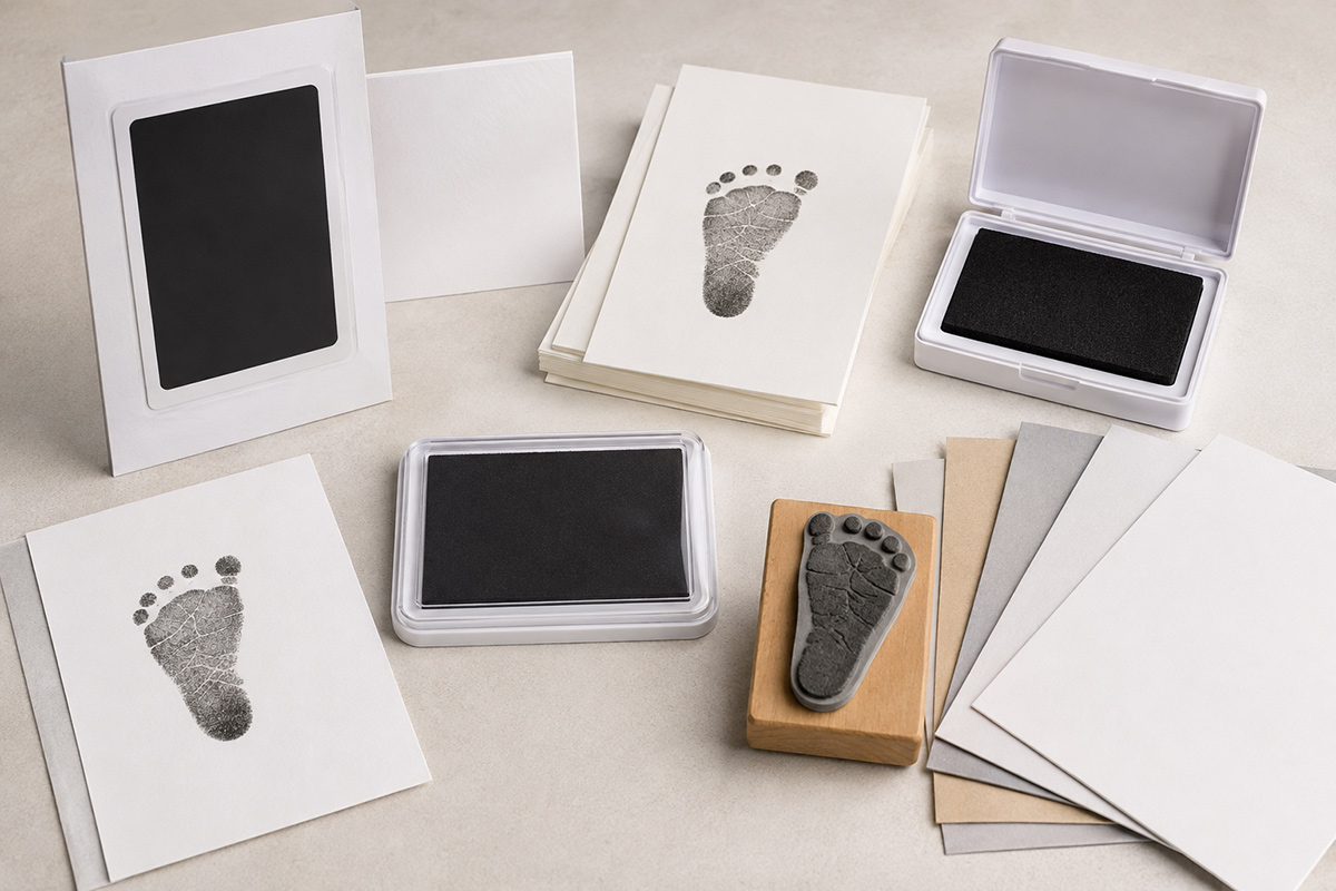 Baby footprint ink pad, inkless print kit and footprint stamp supplies