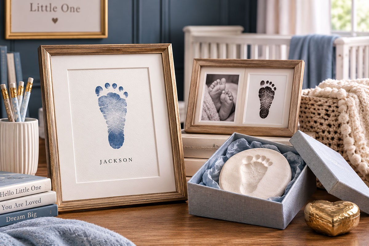 Elegant baby footprint keepsake gifts arranged with a framed footprint, a small baby photo and a clay impression