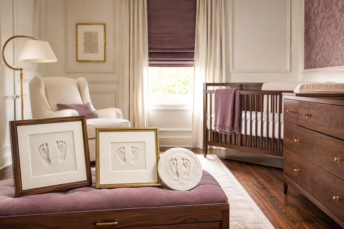 Framed baby footprint keepsakes displayed in a stylish nursery with a clay footprint impression beside them