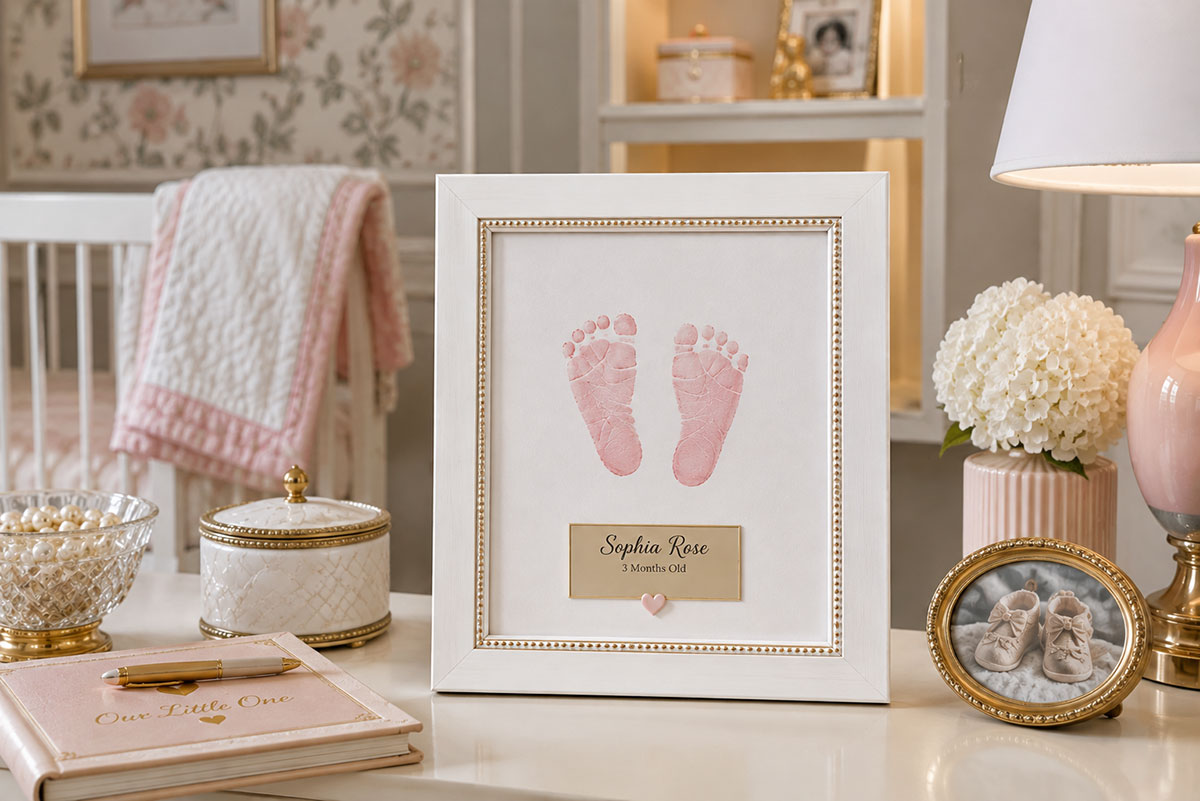 Framed baby footprint keepsake with the baby's name, age and date displayed as nursery art