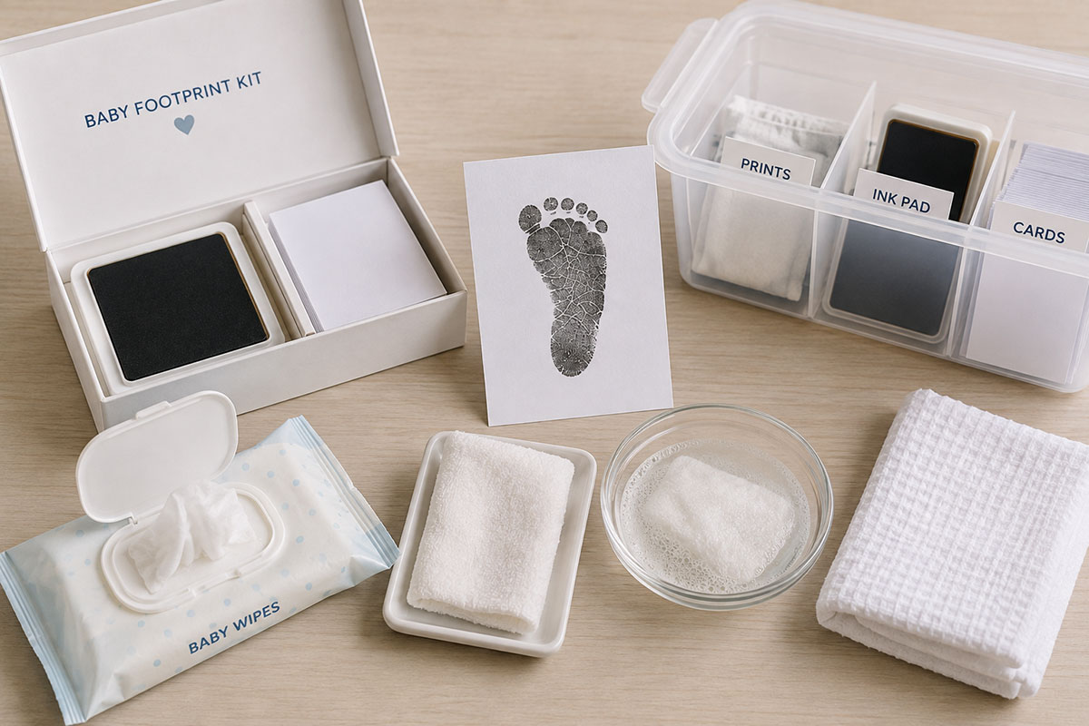 Closed baby footprint ink pad, inkless kit supplies, drying footprint prints and neatly stored printing materials on a clean work surface