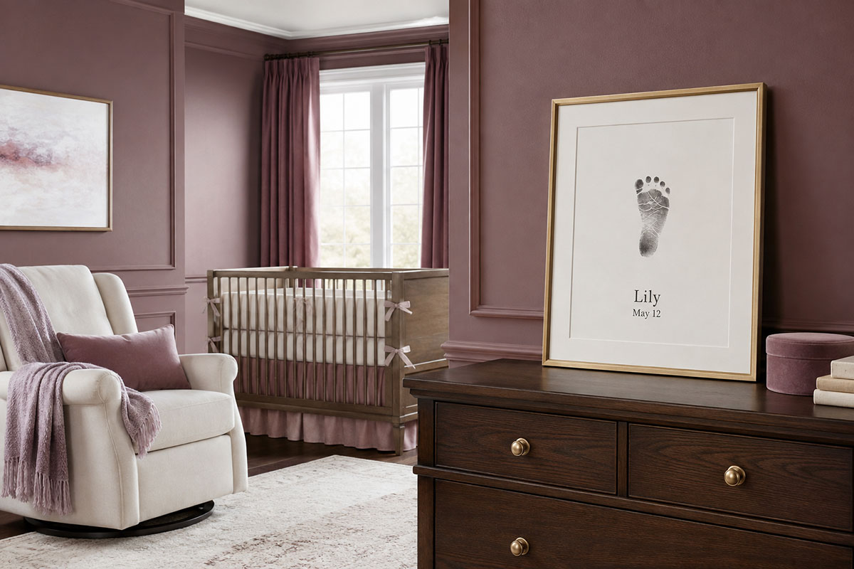 Framed baby footprint keepsake with a simple name and date placed beneath the print and plenty of open space around it