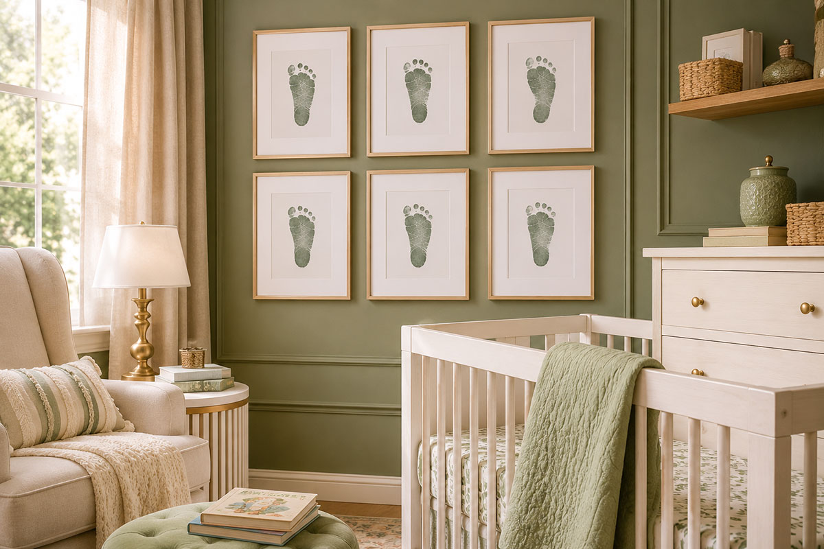 Stylish nursery wall displaying framed baby footprint art with the footprint centered on crisp white paper