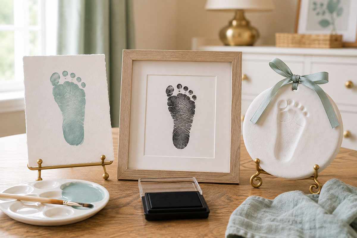 Three finished baby footprint keepsakes showing a painted paper footprint, an ink footprint and a clay footprint impression