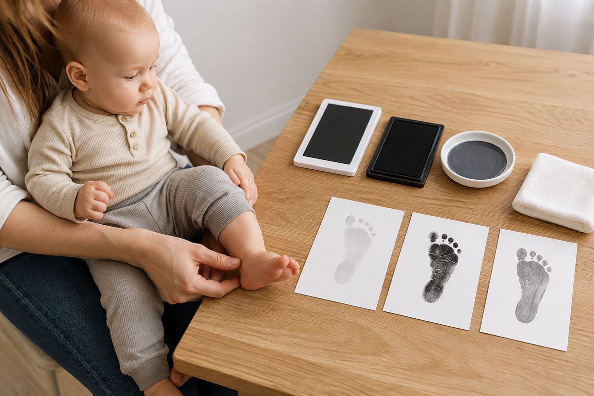 Clean-touch footprint pad, appropriate baby craft paint and blank cardstock arranged as three options for making a baby footprint