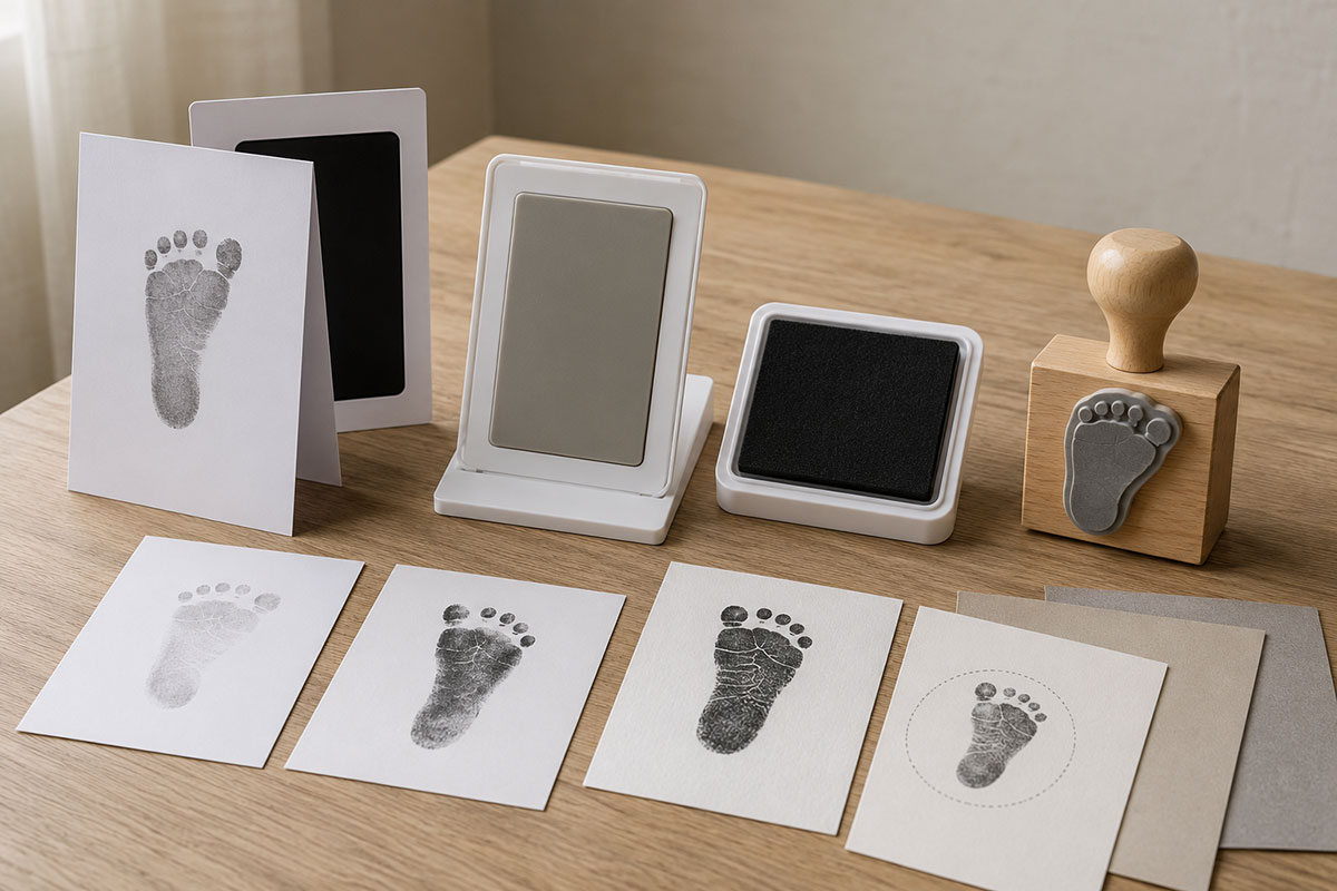 Inkless baby footprint kit, clean-touch transfer pad, traditional ink pad and decorative footprint stamp arranged side by side