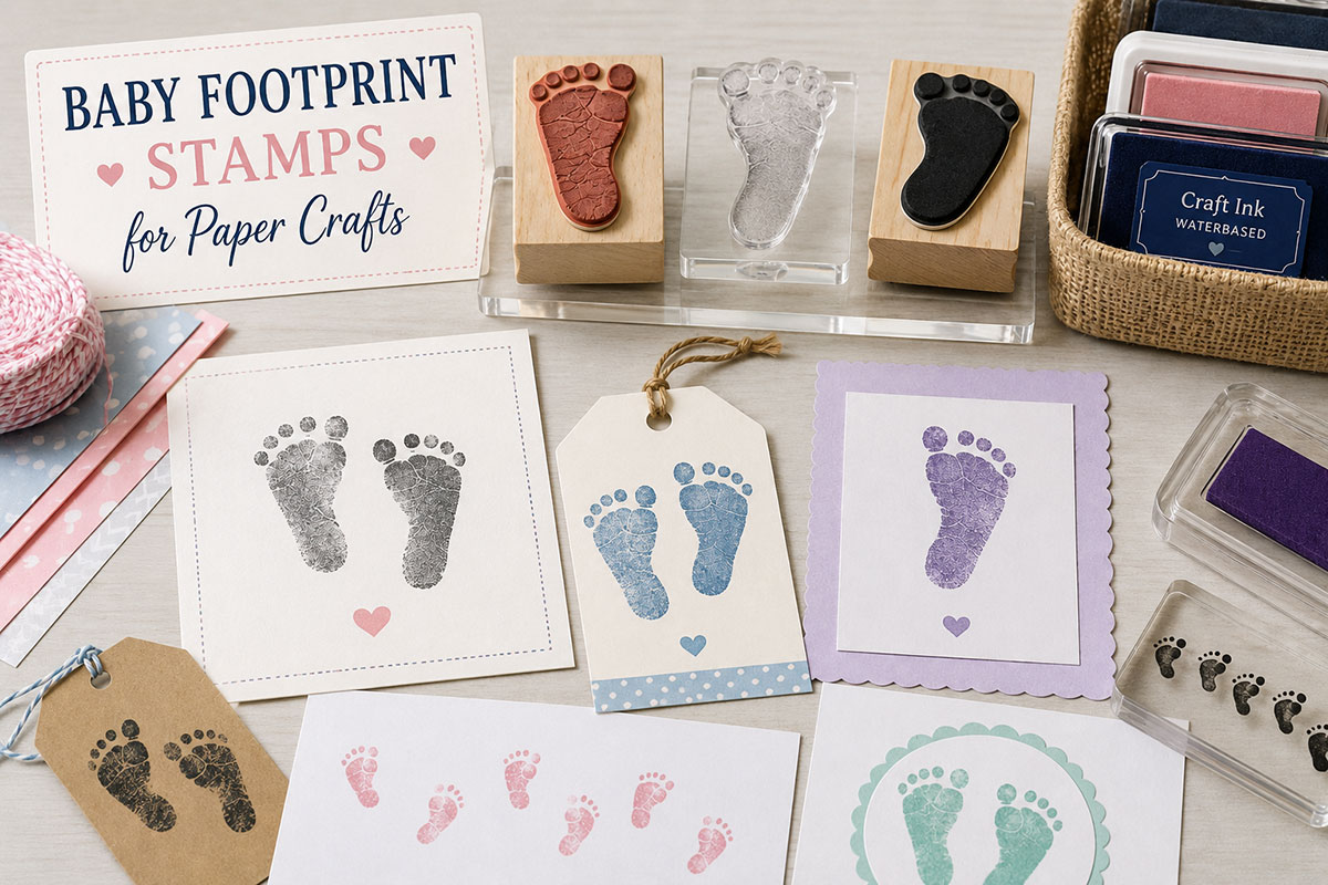 Rubber, clear and foam baby footprint stamps beside several sample footprint impressions on smooth paper