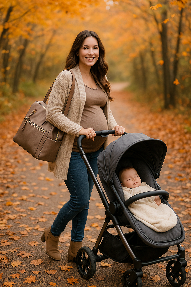 Pregnant mother walking a forest trail in autumn carrying a diaper bag and pushing a stroller with her sleeping baby