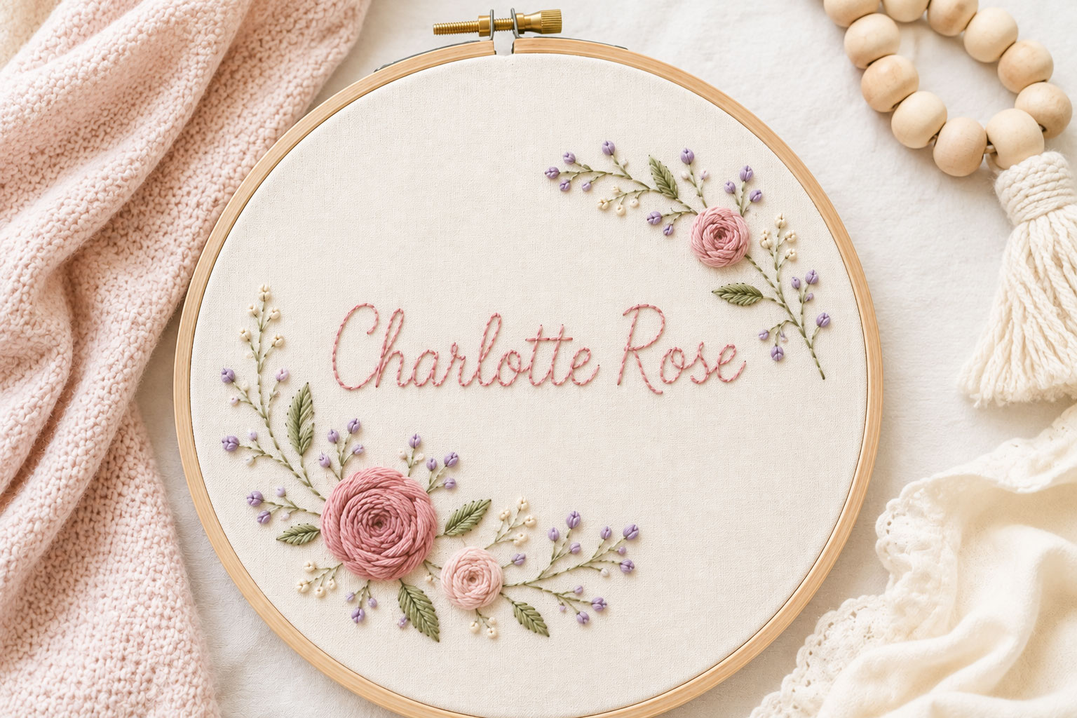Finished baby girl name hand embroidery example with Charlotte Rose stitched in a round hoop with layered rose flowers and lavender buds
