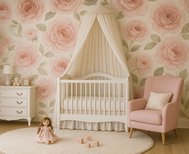 Elegant baby girl nursery with a bold pink rose wall, canopy crib, blush chair, and princess dolls in pink dresses