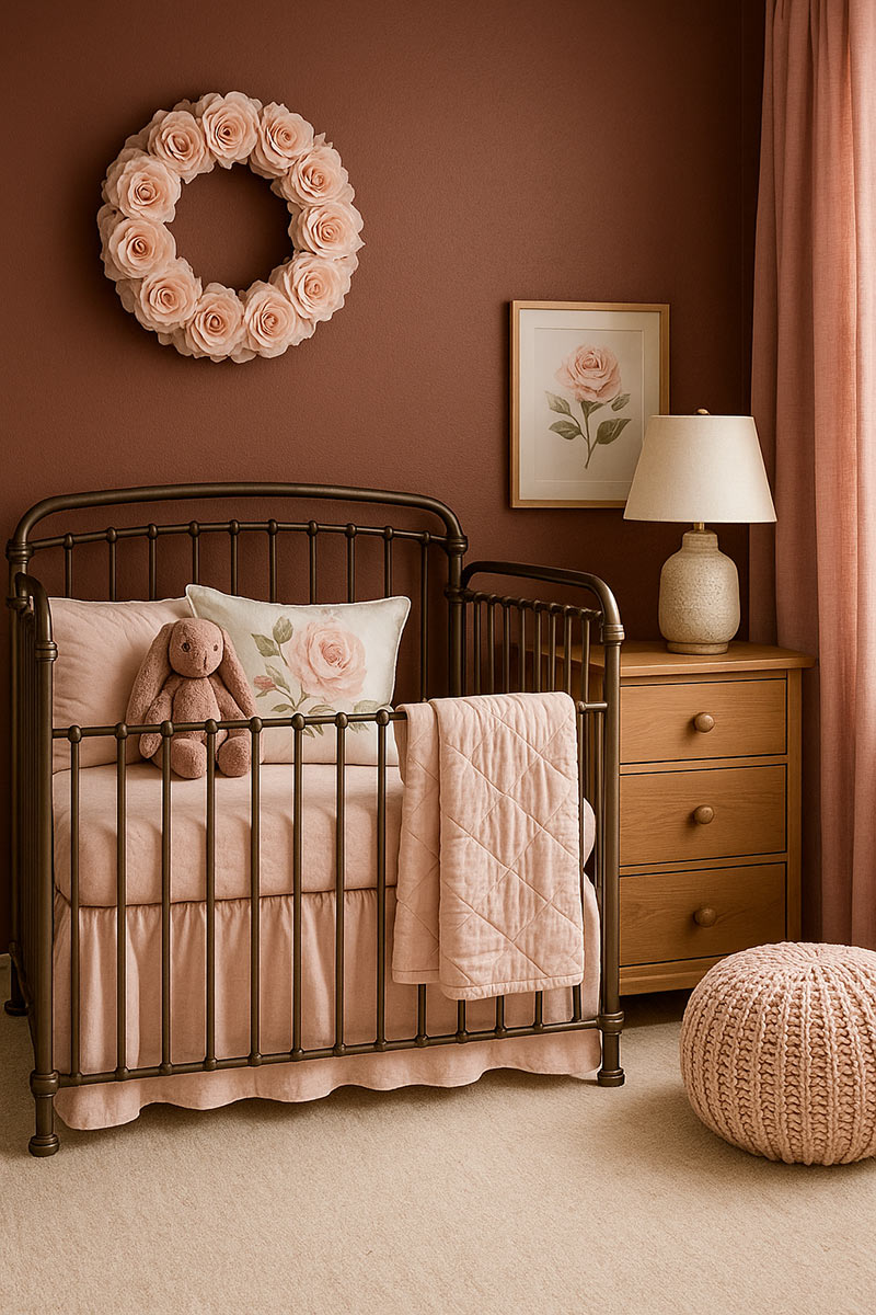 DIY baby girl nursery with rosewood dresser and peony wallpaper