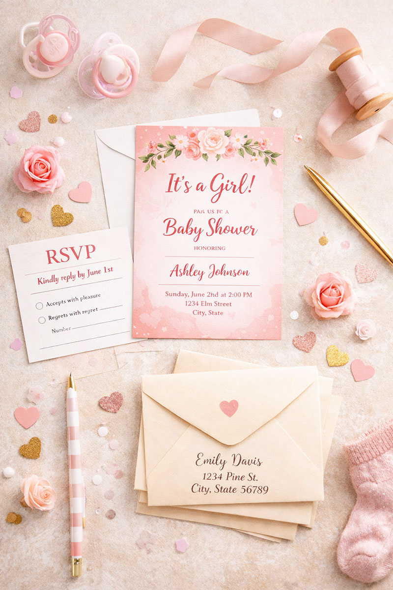 Baby girl shower invitations in a flat lay with envelopes, ribbon, and printed RSVP cards in blush and cream tones