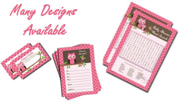 Pink girl baby shower game cards advice cards and invitations templates