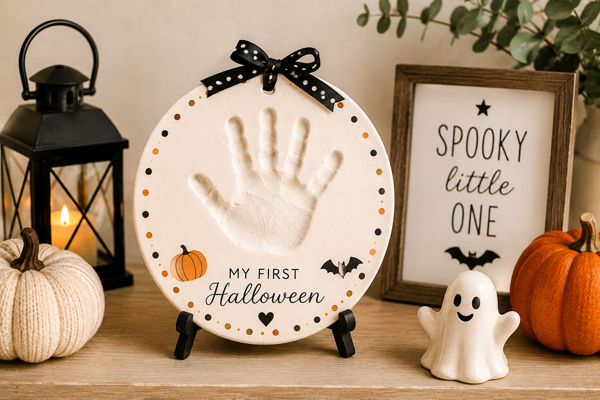 Elegant white clay baby handprint plaque with a simple muted Halloween border displayed in a nursery