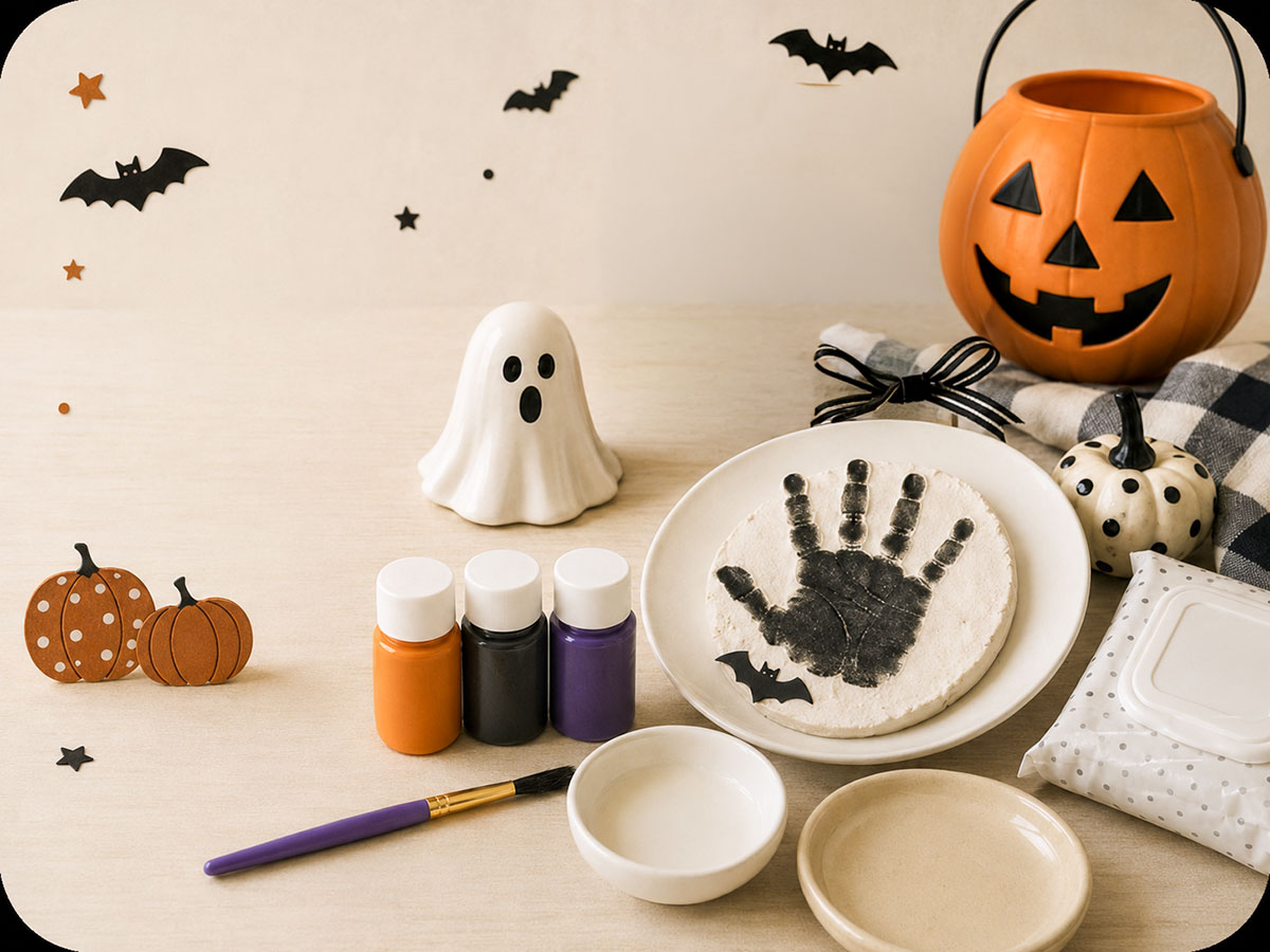 Baby Halloween craft setup with a handprint keepsake, paint containers, brush, cleaning bowls and seasonal decorations on a tabletop