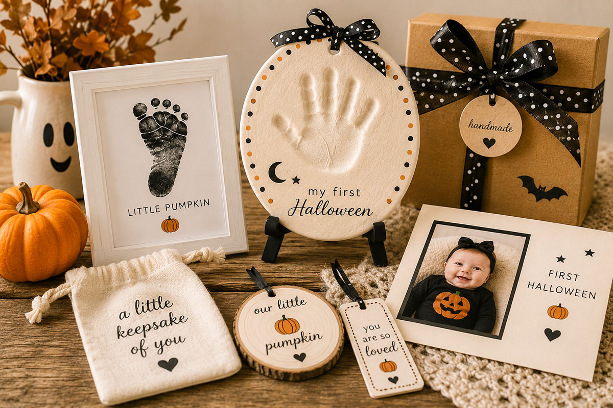 Elegant baby Halloween keepsake gifts with a framed handprint, baby photograph and simple clay impression arranged for grandparents and family