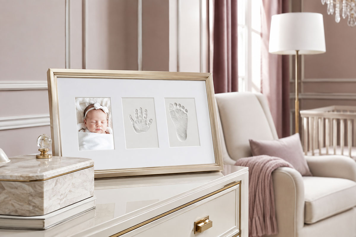 Refined baby handprint and footprint keepsake frame with a small handprint, matching footprint and baby photo arranged with generous white matting