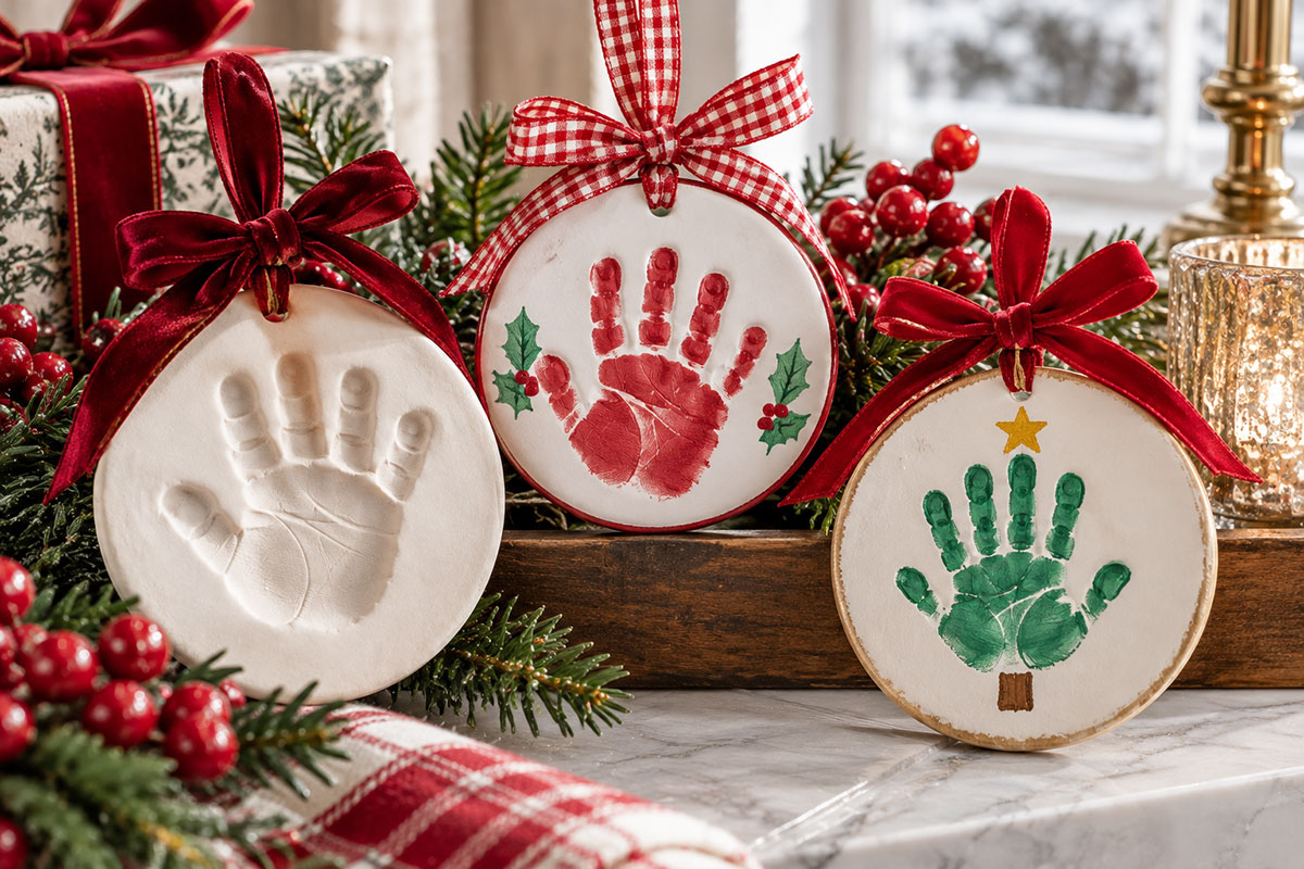 Three baby handprint Christmas ornaments showing a clay impression, red painted handprint and green handprint Christmas tree design