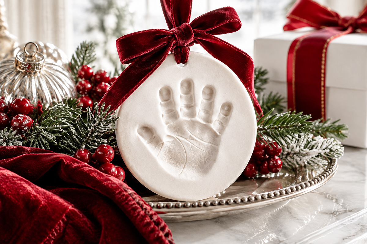 White clay baby handprint Christmas ornament with a clear hand impression and burgundy velvet ribbon
