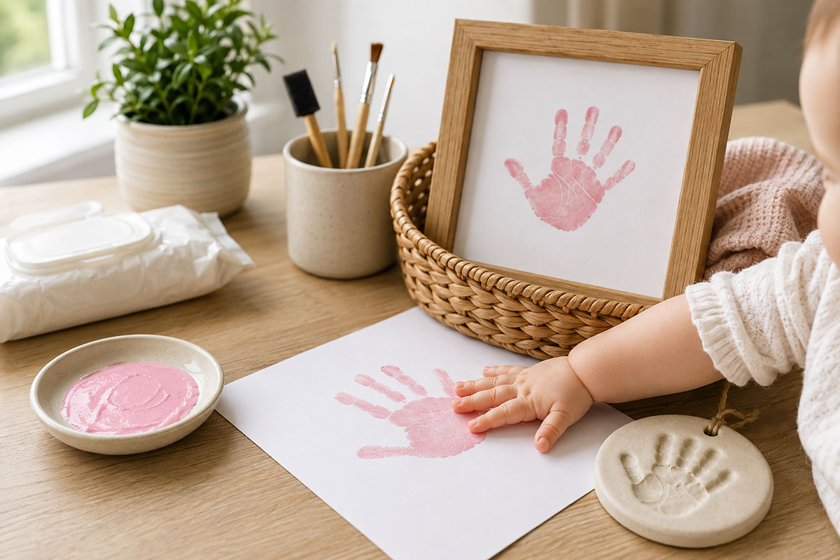 Adult supervising a baby making a pink handprint beside cleanup supplies, a framed print and a clay plaque